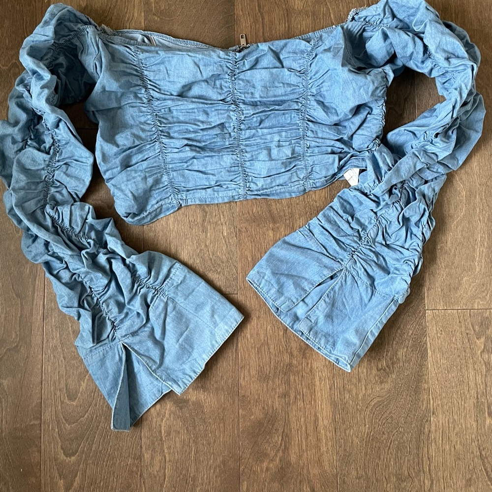 Misguided blue denim long sleeve ruched crop top